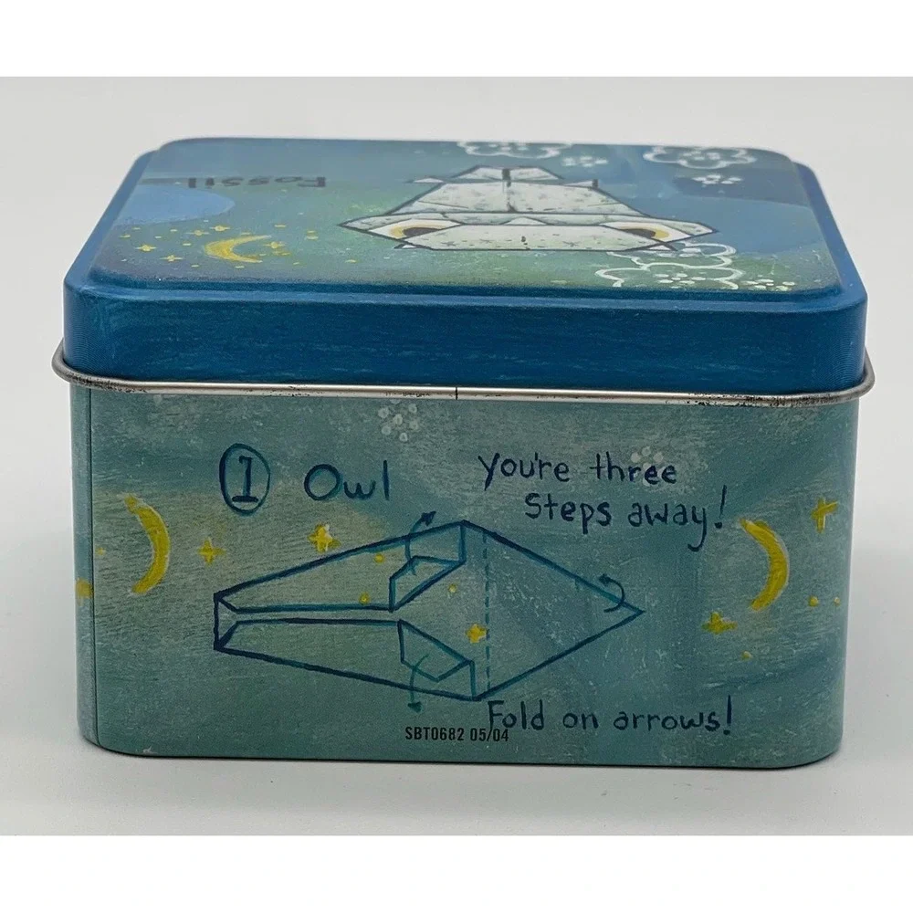 Vintage FOSSIL Watch Tin Blue Origami Owl Night Sky Collectible Box 2004 Y2K